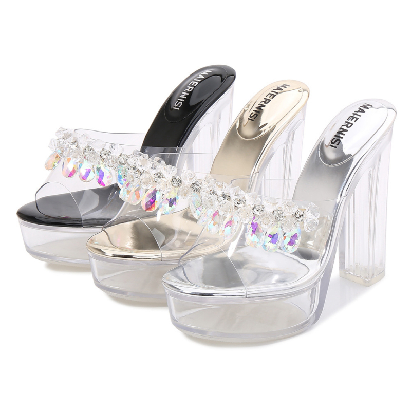 Sandale s oblikom ribljeg usta, gornji dio PVC-a i đon PVC, debeli pet iznad 8 cm, kristalni detalji