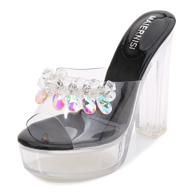 Sandale s oblikom ribljeg usta, gornji dio PVC-a i đon PVC, debeli pet iznad 8 cm, kristalni detalji