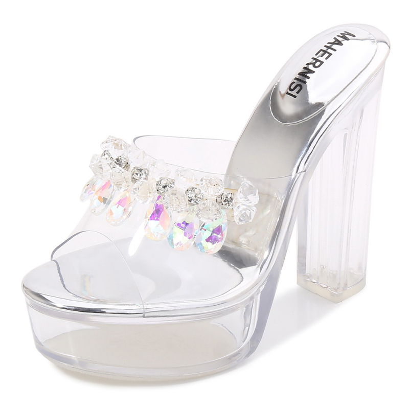 Sandale s oblikom ribljeg usta, gornji dio PVC-a i đon PVC, debeli pet iznad 8 cm, kristalni detalji