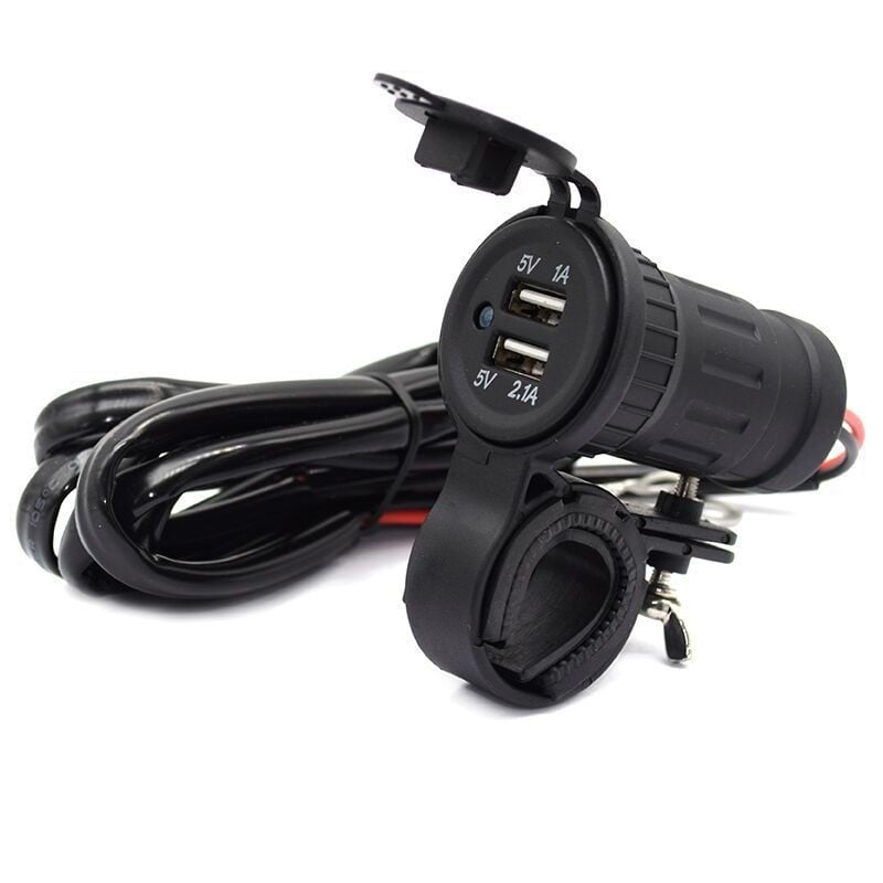 Két USB-s motoros töltő, 12-24V, 3.1A, vízálló, kormányrögzítéses, modell YJ-DS17 + 2013B, feszültségészlelés