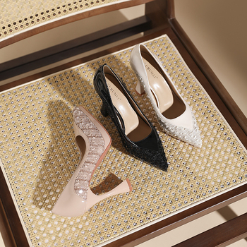 Pantofi de banchet pentru femei, vârf ascuțit, toc ultra înalt și subțire, partea superioară cu mărgele, talpă din cauciuc