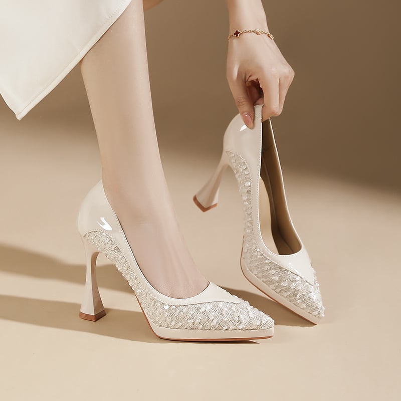 Pantofi de banchet pentru femei, vârf ascuțit, toc ultra înalt și subțire, partea superioară cu mărgele, talpă din cauciuc