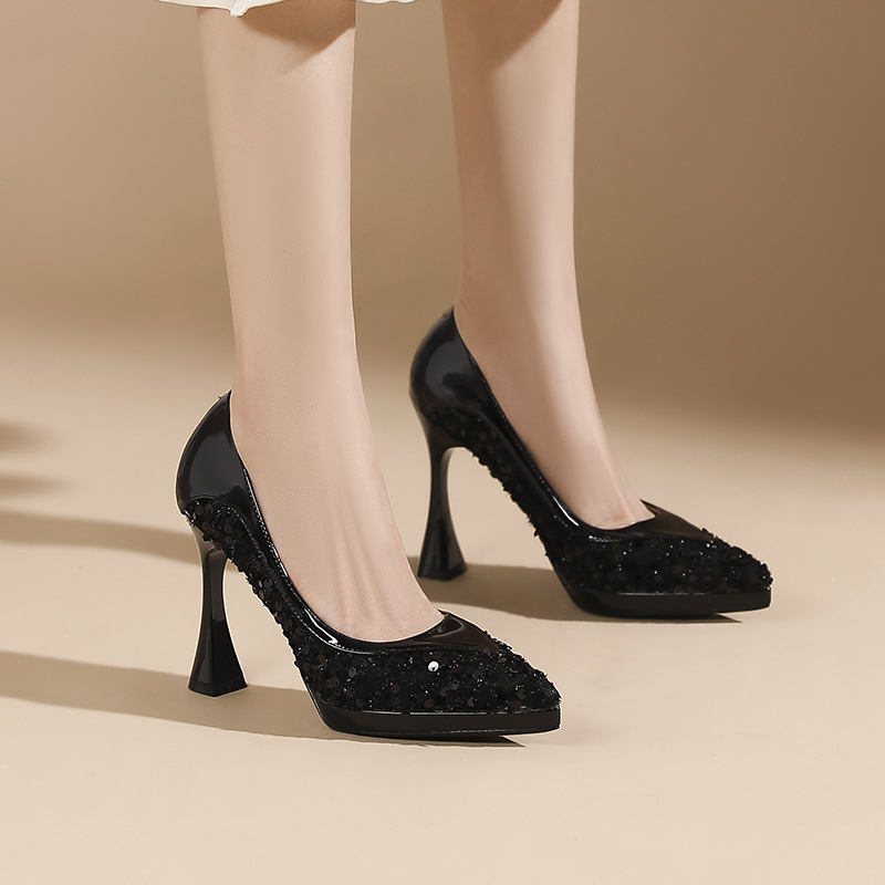 Pantofi de banchet pentru femei, vârf ascuțit, toc ultra înalt și subțire, partea superioară cu mărgele, talpă din cauciuc