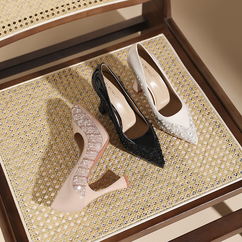 Pantofi de banchet pentru femei, vârf ascuțit, toc ultra înalt și subțire, partea superioară cu mărgele, talpă din cauciuc