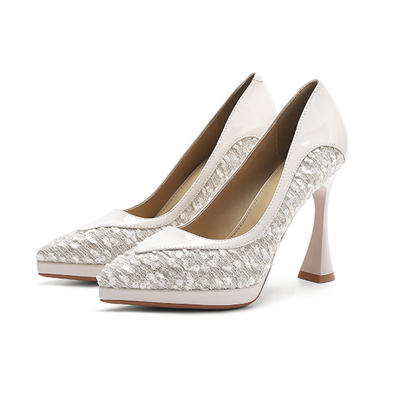 Pantofi de banchet pentru femei, vârf ascuțit, toc ultra înalt și subțire, partea superioară cu mărgele, talpă din cauciuc