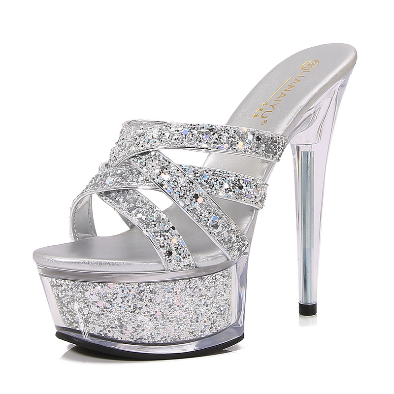 Sandale de modă pentru femei, partea superioară cu glitter, curele încrucișate, vârf rotund (Înălțimea tocului peste 8 cm; Toc subțire; Talpă din cauciuc)