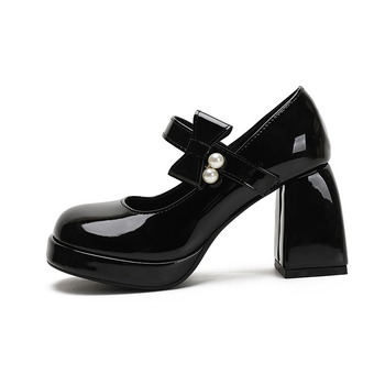 Mary Jane cipele s debelim petom, zaobljena nosnica, gornji dio od mikrovlakana, Velcro zatvarač, visina pet 6-8 cm