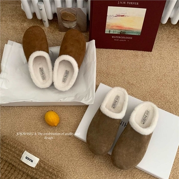 Γυναικείες παντόφλες με γούνινη επένδυση, κλειστή μύτη, επίπεδη σόλα, ζεστά οικιακά παπούτσια με αντιολισθητική σόλα