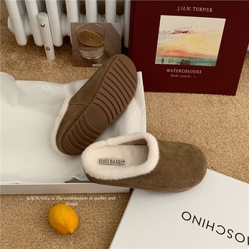 Γυναικείες παντόφλες με γούνινη επένδυση, κλειστή μύτη, επίπεδη σόλα, ζεστά οικιακά παπούτσια με αντιολισθητική σόλα