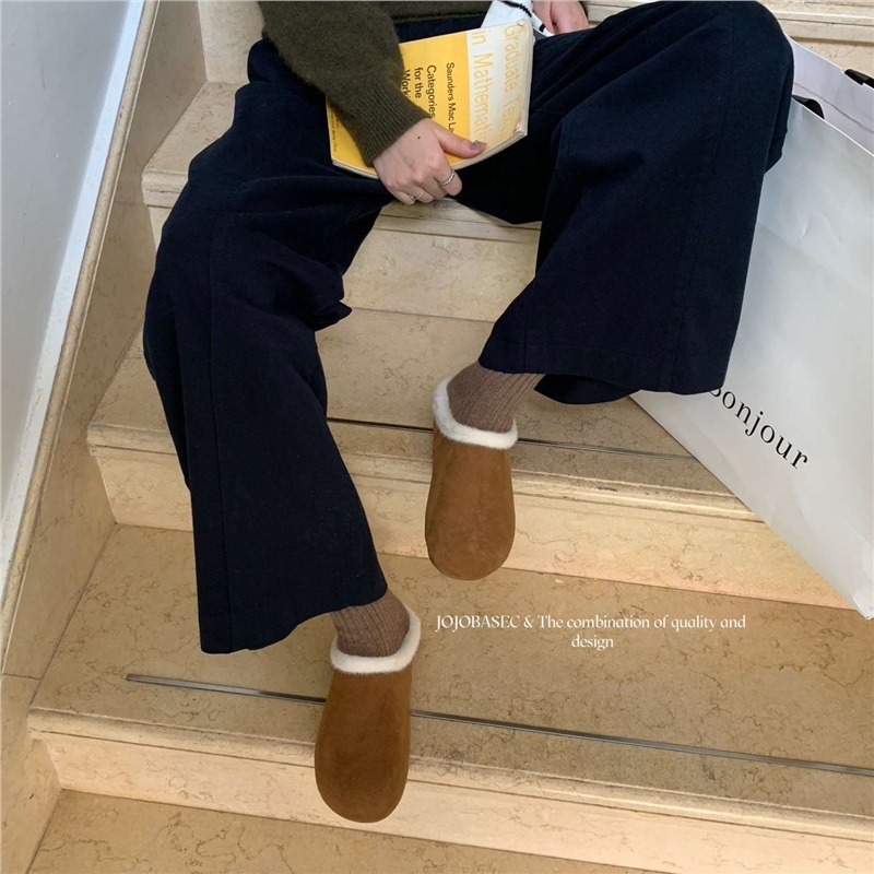 Γυναικείες παντόφλες με γούνινη επένδυση, κλειστή μύτη, επίπεδη σόλα, ζεστά οικιακά παπούτσια με αντιολισθητική σόλα