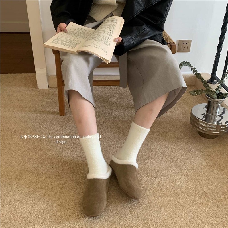 Γυναικείες παντόφλες με γούνινη επένδυση, κλειστή μύτη, επίπεδη σόλα, ζεστά οικιακά παπούτσια με αντιολισθητική σόλα