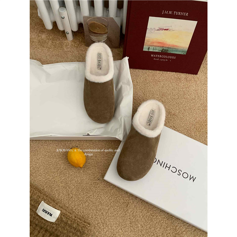 Γυναικείες παντόφλες με γούνινη επένδυση, κλειστή μύτη, επίπεδη σόλα, ζεστά οικιακά παπούτσια με αντιολισθητική σόλα