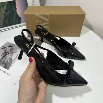 Ženske sandale s visokim petom, oštrim vrhom, mašna dekor, tanak pet 6–8 cm, gornji dio mikrovlakno, gumeni đon