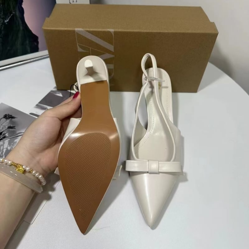 Ženske sandale s visokim petom, oštrim vrhom, mašna dekor, tanak pet 6–8 cm, gornji dio mikrovlakno, gumeni đon