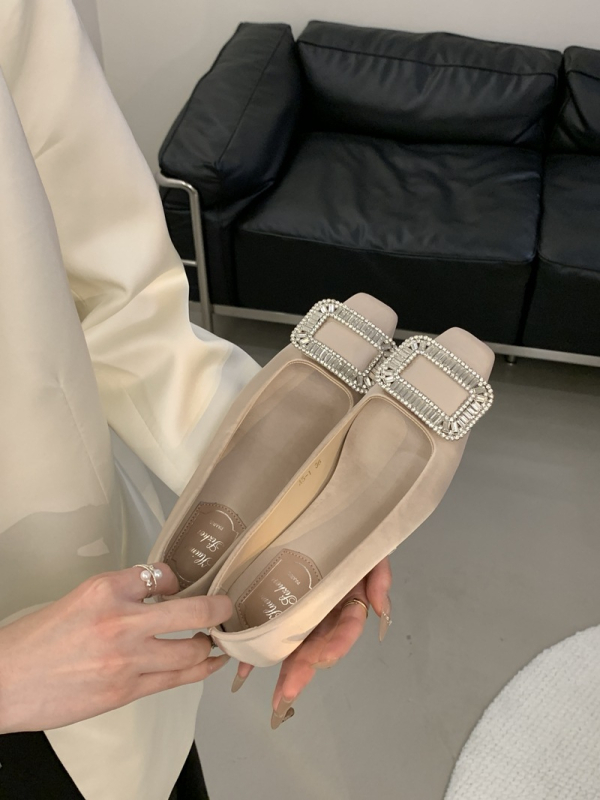 Ženske visoke štikle s kvadratnim nosom, satenski gornji dio, rhinestones ukrasi, niski pet 1–3 cm