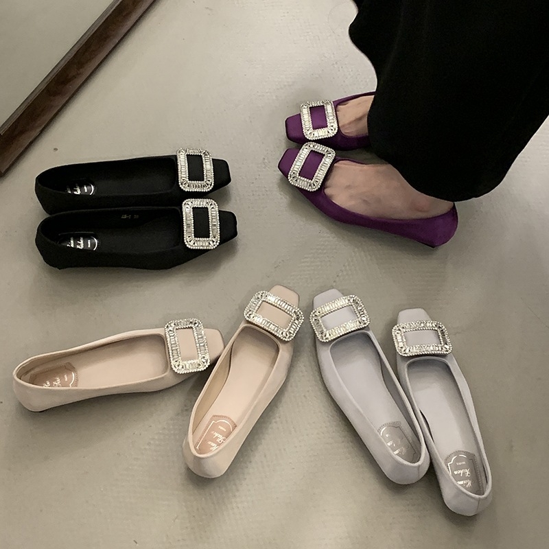 Ženske visoke štikle s kvadratnim nosom, satenski gornji dio, rhinestones ukrasi, niski pet 1–3 cm