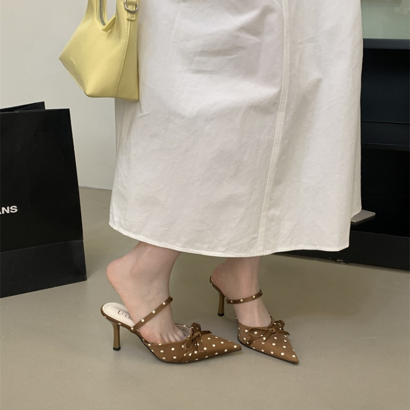 Mule din satin cu funda, pentru femei, vârf ascuțit, slip-on, fără spate, toc înalt de 6–8 cm, talpă din cauciuc