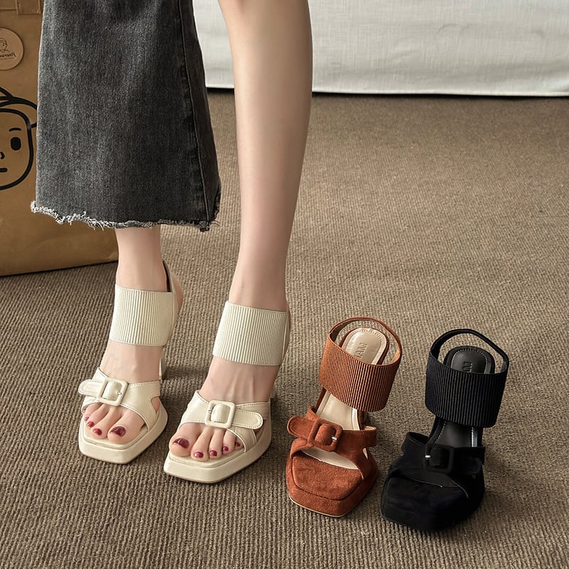 Ženske sandale od PU, kvadratni nos, debeli gumeni potplat, korejski stil
