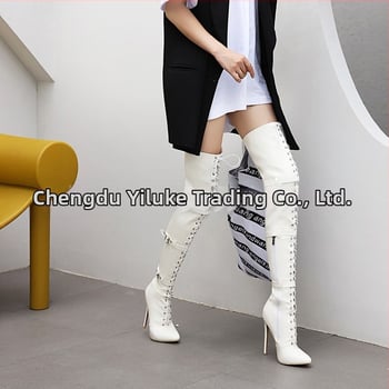 Čizme iznad koljena za džez ples – PU sintetička koža, šiljati vrh, uska štikla stileto iznad 8 cm, bočni zatvarač, unisex