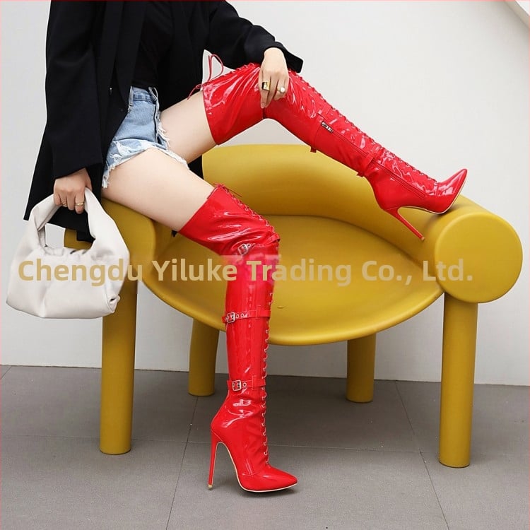 Čizme iznad koljena za džez ples – PU sintetička koža, šiljati vrh, uska štikla stileto iznad 8 cm, bočni zatvarač, unisex