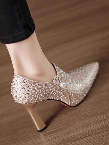 Platforme svadbene cipele s kristalima, niski mačji potpetica, PU gornji dio, gumeni đon, zatvarač jednim kaišem