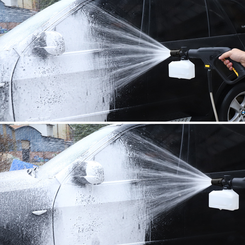 Bežični pištolj za pjenu za pranje automobila – prenosni, plastična glava i držak; raspršivanje 5–10 m; napajanje 24V; kompatibilan s bežičnim akumulatorskim uređajima za pranje automobila.