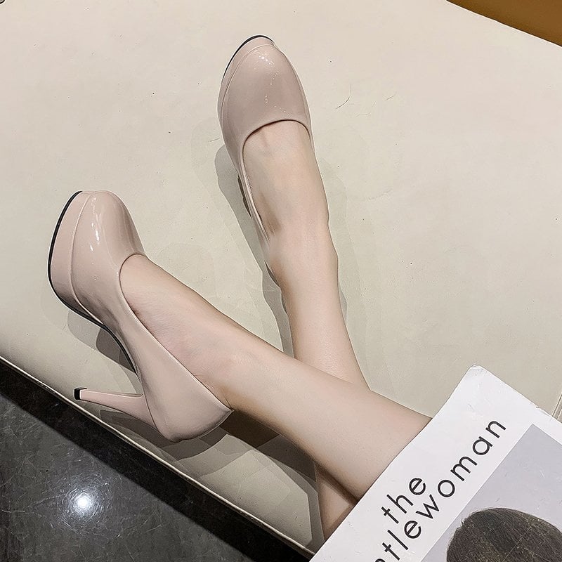 Ženske visoke štikle od PU lakirane kože, zaobljeni vrh, Slip-On, gumena potplata, super visok potpetica (>8 cm)