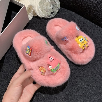 Plišane papuče za djevojčice 1–3 godine, gornji dio od umjetne kože, gumena potplata, karikatura uzorak