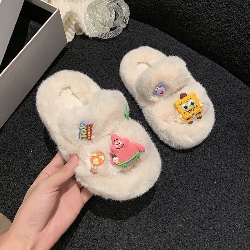 Plišane papuče za djevojčice 1–3 godine, gornji dio od umjetne kože, gumena potplata, karikatura uzorak