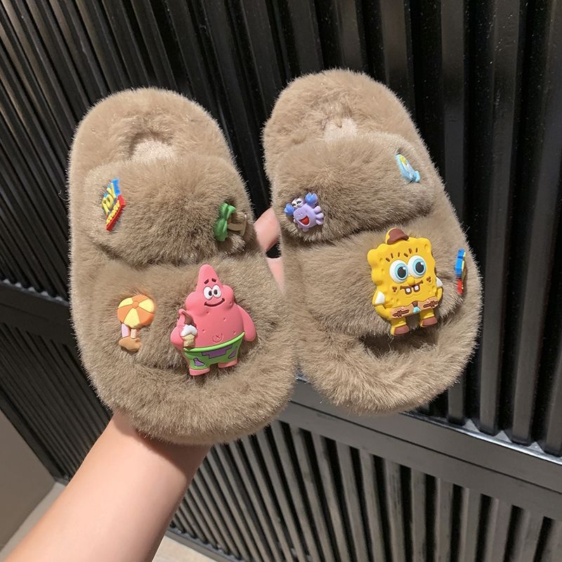 Plišane papuče za djevojčice 1–3 godine, gornji dio od umjetne kože, gumena potplata, karikatura uzorak