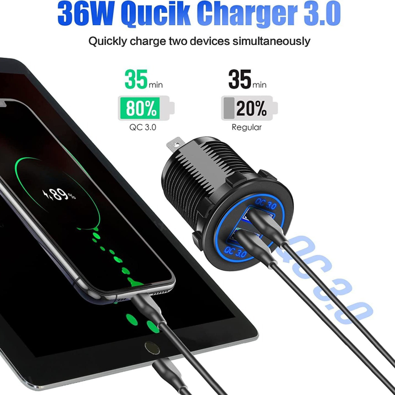WillWin dvostruka QC3.0 12V USB utičnica, automobilski voltmetar, utičnica za upaljač i prekidač, SKU19-3M