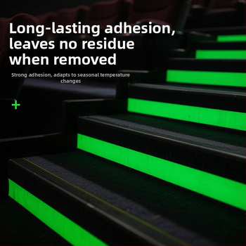 Lépcsőfigyelmeztető szalag, világító matt felülettel, csúszásmentes, önvilágító és fényvisszaverő, akril ragasztó, -10°C-tól 60°C-ig terjedő hőmérséklet-tartomány