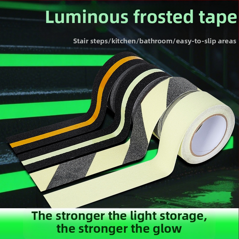 Lépcsőfigyelmeztető szalag, világító matt felülettel, csúszásmentes, önvilágító és fényvisszaverő, akril ragasztó, -10°C-tól 60°C-ig terjedő hőmérséklet-tartomány