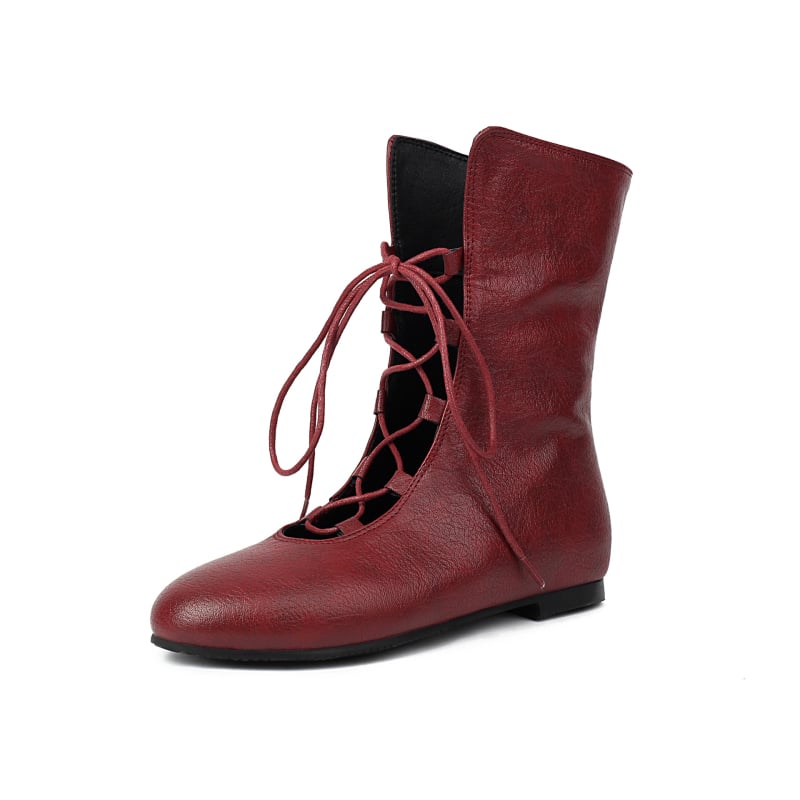 Ženske viteške čizme – PU gornji dio; gumena potplata; okrugli vrh; kvadratni ravni pet; prednje vezanje s stražnjim zatvaračem