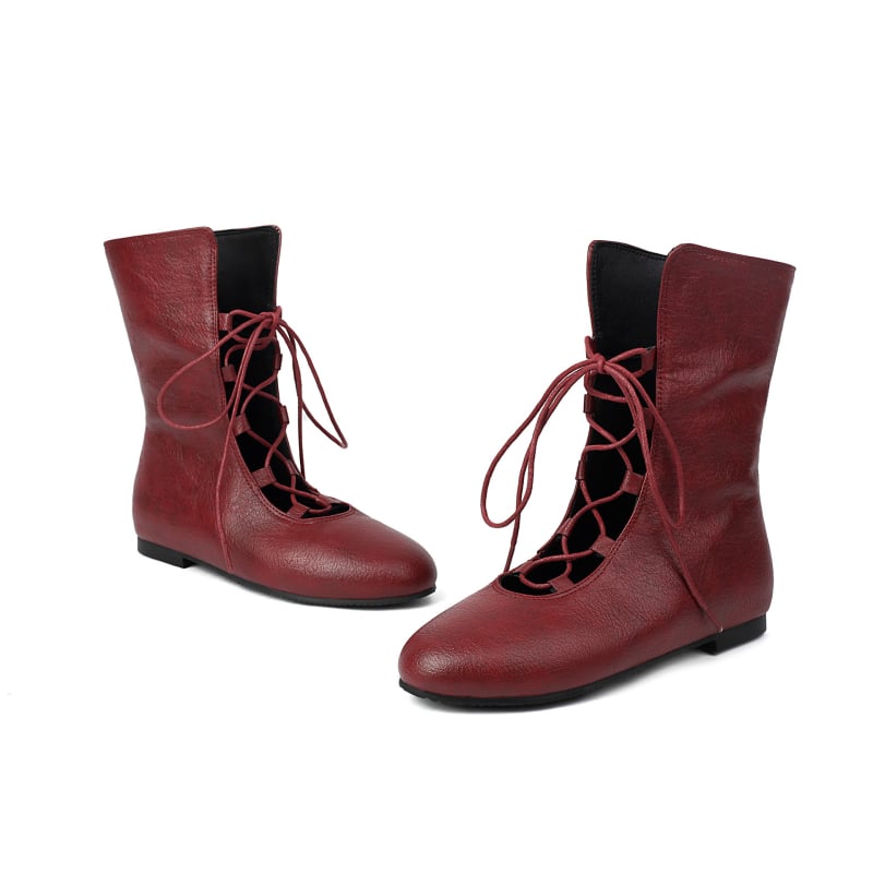 Ženske viteške čizme – PU gornji dio; gumena potplata; okrugli vrh; kvadratni ravni pet; prednje vezanje s stražnjim zatvaračem