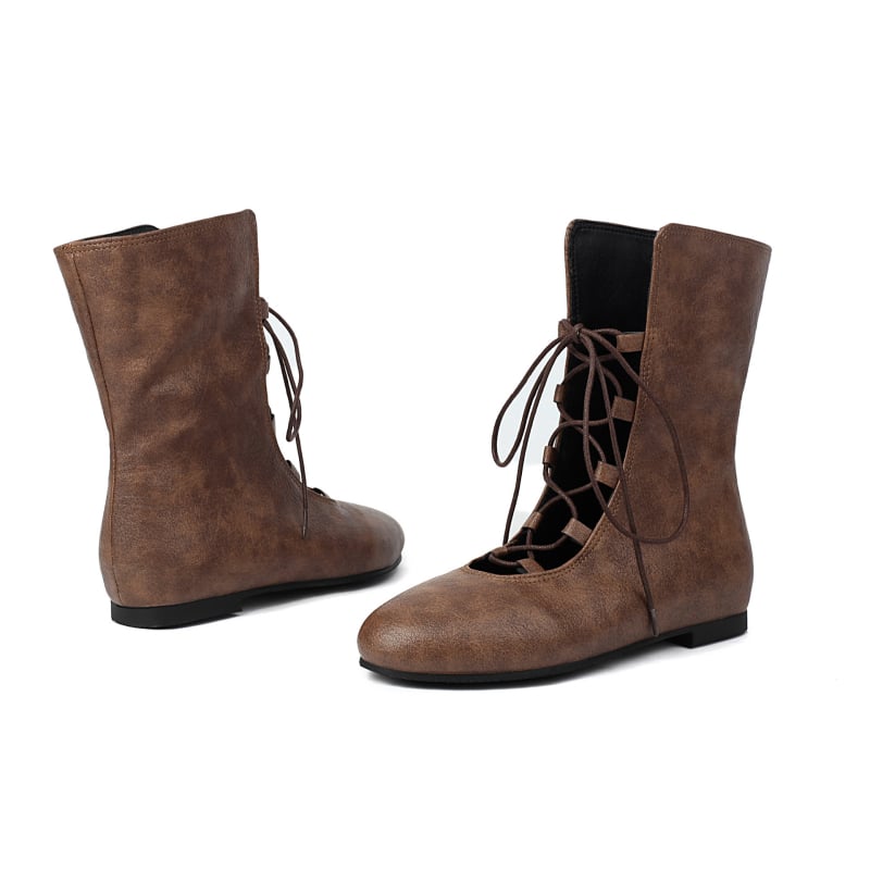 Ženske viteške čizme – PU gornji dio; gumena potplata; okrugli vrh; kvadratni ravni pet; prednje vezanje s stražnjim zatvaračem