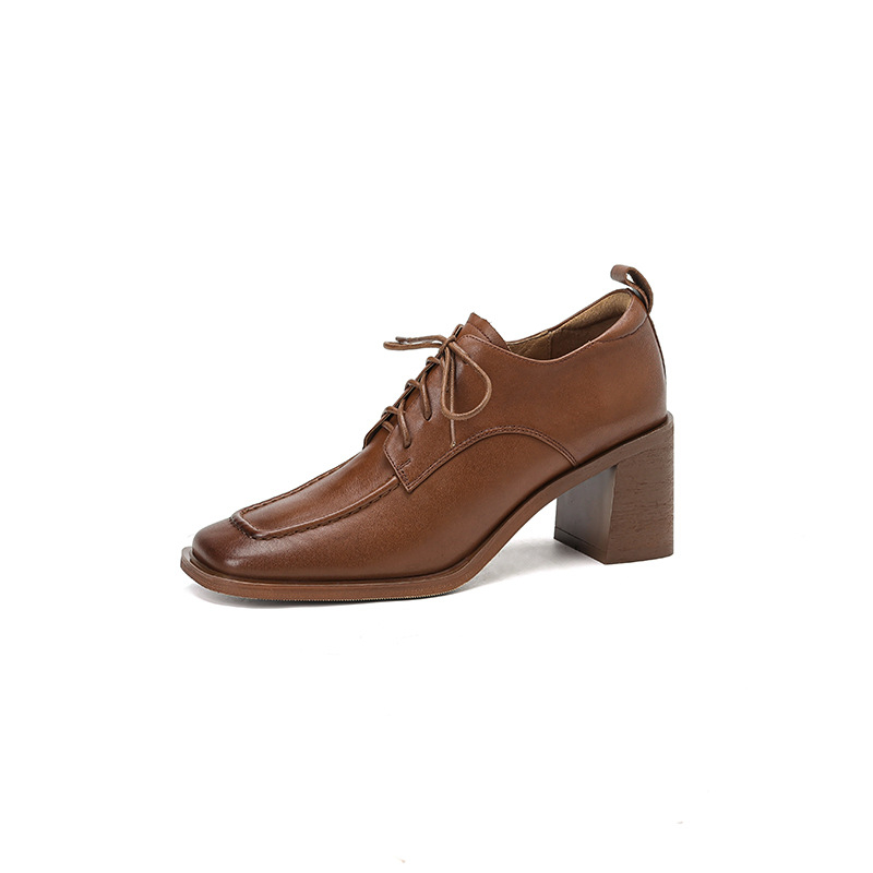 Visoke potpetice – Vintage stil, četvrtasti vrh, vezanje sprijeda, gornji dio teleće kože, gumeni đon, debeli petu