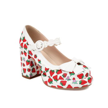 Pantofi Lolita cu toc înalt, model Cartoon, partea superioară PU, închidere cu cataramă, talpă din cauciuc, înălțimea tocului 6-8 cm