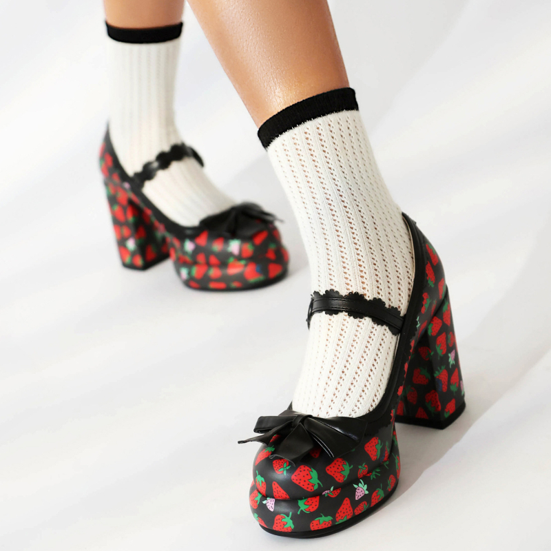 Pantofi Lolita cu toc înalt, model Cartoon, partea superioară PU, închidere cu cataramă, talpă din cauciuc, înălțimea tocului 6-8 cm