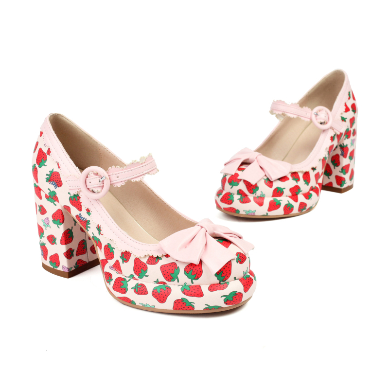 Pantofi Lolita cu toc înalt, model Cartoon, partea superioară PU, închidere cu cataramă, talpă din cauciuc, înălțimea tocului 6-8 cm