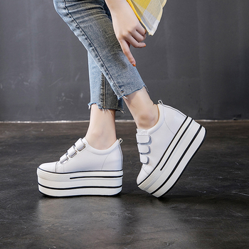 Pantofi cu platformă pentru femei, închidere Velcro, vârf rotund, din piele, toc muffin și talpă groasă