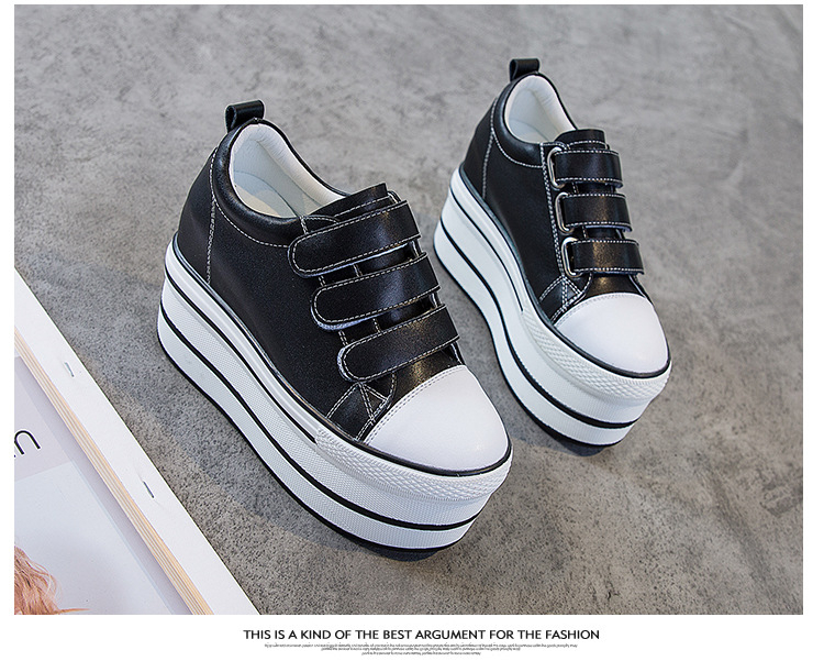 Pantofi cu platformă pentru femei, închidere Velcro, vârf rotund, din piele, toc muffin și talpă groasă