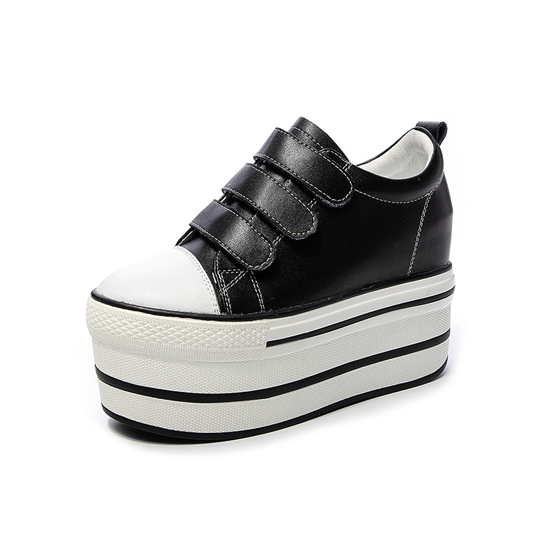 Pantofi cu platformă pentru femei, închidere Velcro, vârf rotund, din piele, toc muffin și talpă groasă