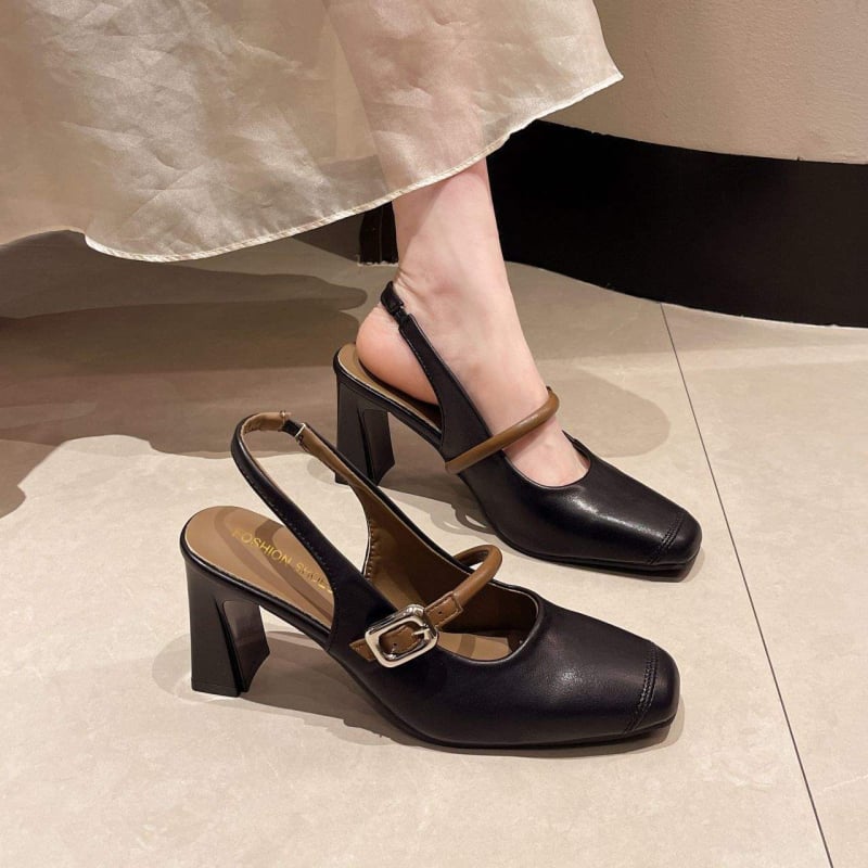 Mary Jane cipő hátsó rész nélküli, négyszögletes orr, alacsony sarok – PU felsőrész, gumi talp, egy csattal záródó