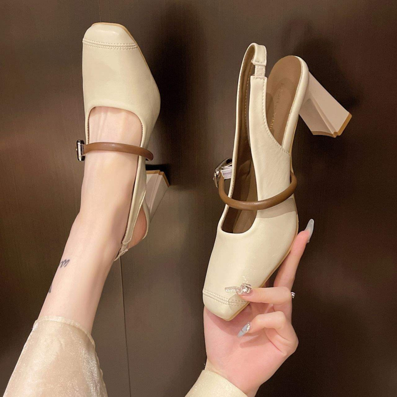 Mary Jane cipő hátsó rész nélküli, négyszögletes orr, alacsony sarok – PU felsőrész, gumi talp, egy csattal záródó