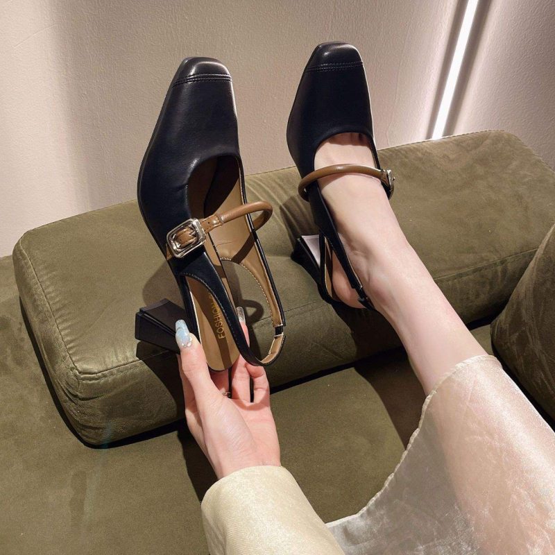 Mary Jane cipő hátsó rész nélküli, négyszögletes orr, alacsony sarok – PU felsőrész, gumi talp, egy csattal záródó