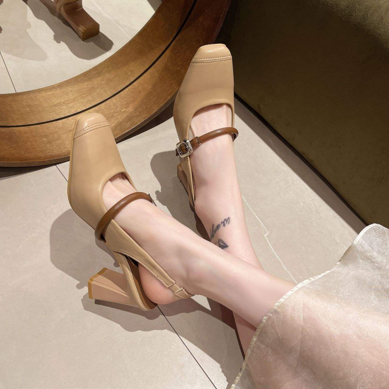 Mary Jane cipő hátsó rész nélküli, négyszögletes orr, alacsony sarok – PU felsőrész, gumi talp, egy csattal záródó