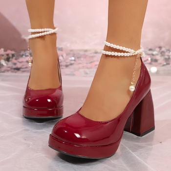 Mary Jane cipele s okruglim nosom, PU gornji dio, slip-on dizajn, gumena potplata, peta iznad 8 cm, za žene.