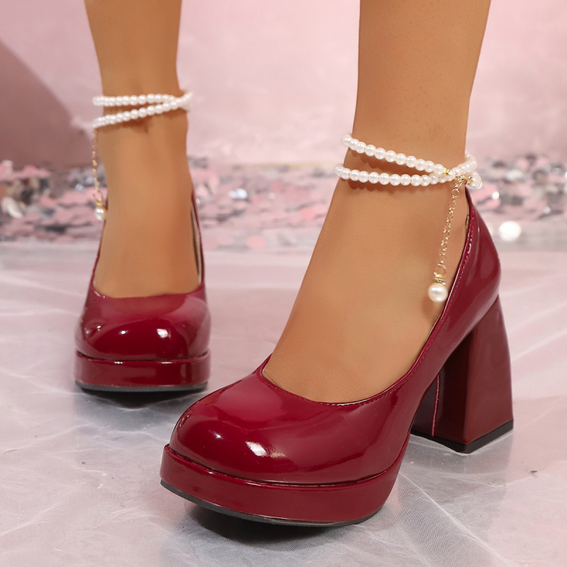 Mary Jane cipele s okruglim nosom, PU gornji dio, slip-on dizajn, gumena potplata, peta iznad 8 cm, za žene.