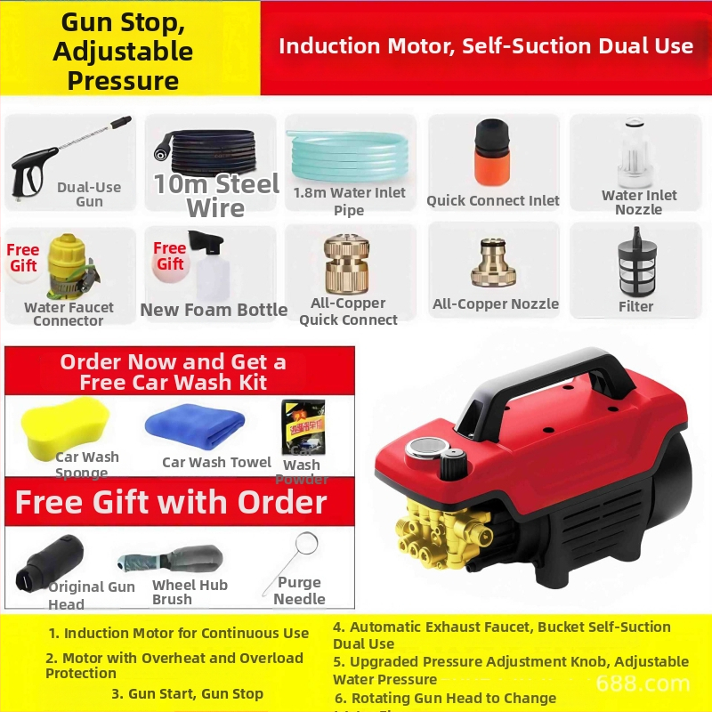 Vysokotlaký čistiaci stroj na autá — prenosný, domáci, plne automatický; výkon 3000 W, 220 V, prietok 16 L/min, dĺžka hadice 7–20 m, hmotnosť 9,5 kg